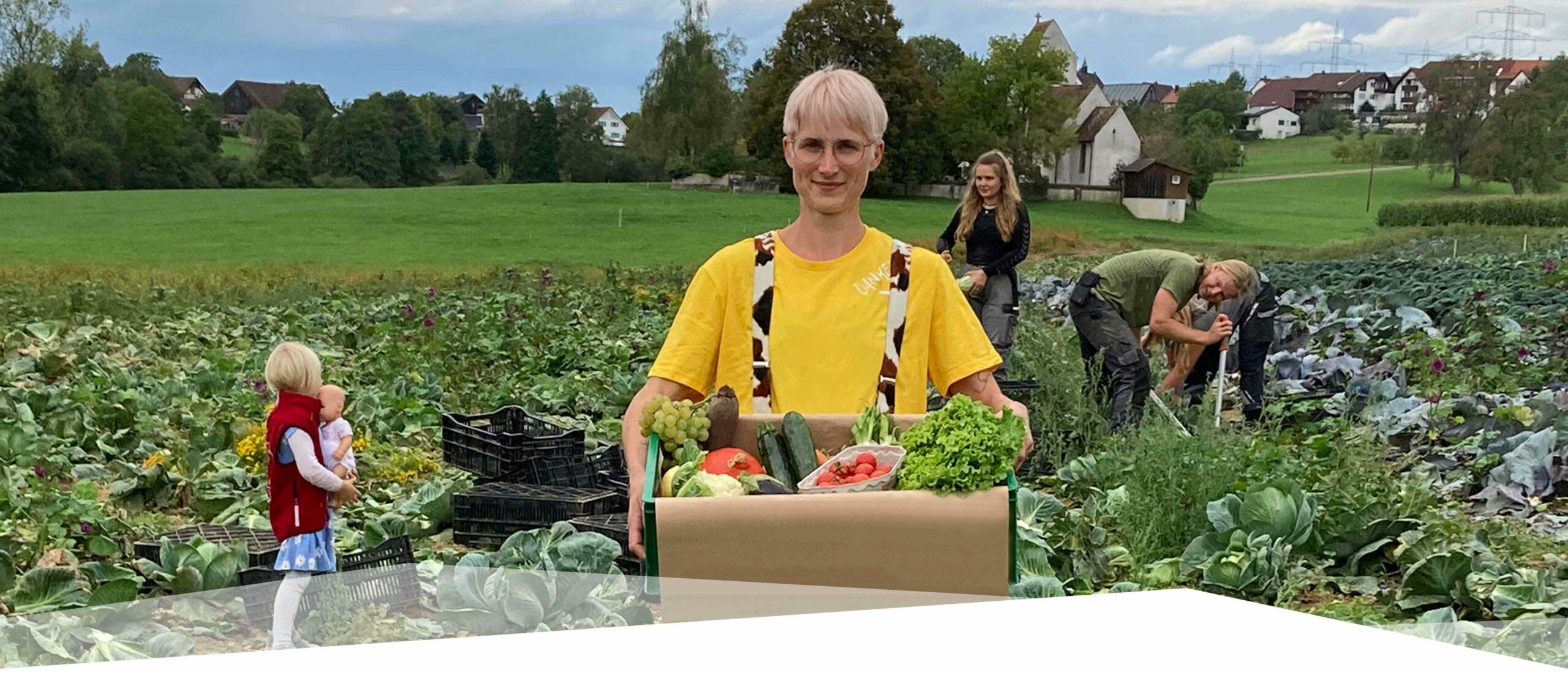 Fahrerin vom Hof Dinkelberg mit einer gepackten Biokiste auf einem Feld