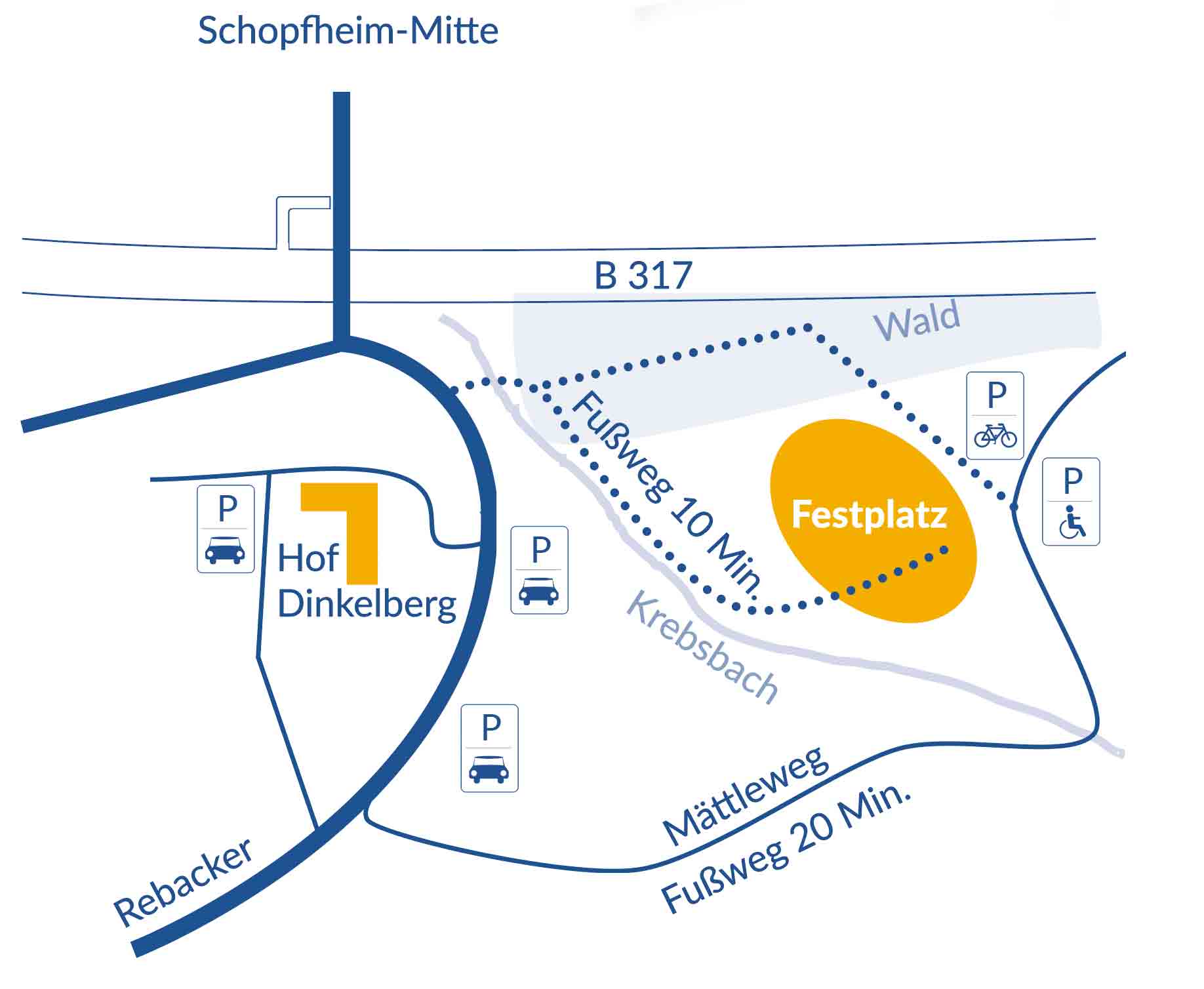 Lagekarte 21.Jubilaeum Hof Dinkelberg mit Parkplaetzen und Wegmarkierungen